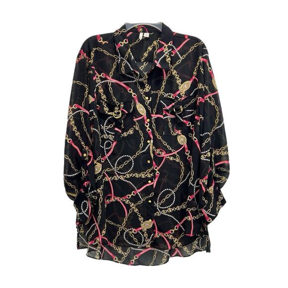 CATO Tunic Women 18/20W Chain Link Print Black Equestrian Roll Tab Sleeves - Picture 1 of 10